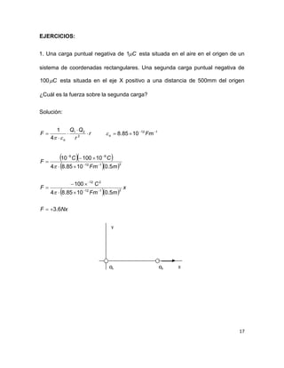 17
EJERCICIOS:
1. Una carga puntual negativa de C1 esta situada en el aire en el origen de un
sistema de coordenadas rectangulares. Una segunda carga puntual negativa de
C100 esta situada en el eje X positivo a una distancia de 500mm del origen
¿Cuál es la fuerza sobre la segunda carga?
Solución:
r
r
QQ
F
o




 2
21
4
1

112
1085.8 
 Fmo
  
  
  
NxF
x
mFm
C
F
mFm
CC
F
6.3
5.01085.84
100
5.01085.84
1010010
2112
212
2112
66













 