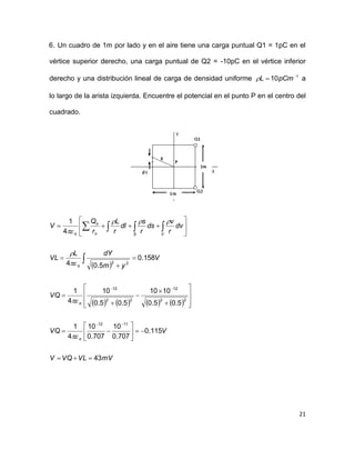21
6. Un cuadro de 1m por lado y en el aire tiene una carga puntual Q1 = 1pC en el
vértice superior derecho, una carga puntual de Q2 = -10pC en el vértice inferior
derecho y una distribución lineal de carga de densidad uniforme 1
10 
 pCmL a
lo largo de la arista izquierda. Encuentre el potencial en el punto P en el centro del
cuadrado.
 
       
mVVLVQV
VVQ
VQ
V
ym
dYL
VL
dv
r
v
ds
r
s
dl
r
L
r
Q
V
o
o
o
S Vn
n
o
43
115.0
707.0
10
707.0
10
4
1
5.05.0
1010
5.05.0
10
4
1
158.0
5.04
4
1
1112
22
12
22
12
22


































   






 