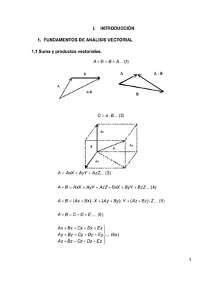 1
I. INTRODUCCIÓN
1. FUNDAMENTOS DE ANÁLISIS VECTORIAL
1.1 Suma y productos vectoriales.
)1(...ABBA 
)2(...BaC 
)6(...
)6(....
)5(...)()()(
)4(...
)3(...
a
EzDzCzBzAz
EyDyCyByAy
ExDxCxBxAx
EDCBA
ZBzAzYByAyXBxAxBA
BzZByYBxXAzZAyYAxXBA
AzZAyYAxXA












 