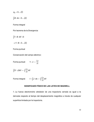 32
 
  

2.....0
1.....0
dsB
M
Forma integral
Por teorema de la Divergencia
 3.....0
0


B
dVB
Forma puntual
Conservación del campo eléctrico:
Forma puntual:
t
J




   

 dV
t
dVJ

Forma integral:   

 dV
t
dsJI

SIGNIFICADO FÍSICO DE LAS LEYES DE MAXWELL
1. La fuerza electromotriz alrededor de una trayectoria cerrada es igual a la
derivada respecto al tiempo del desplazamiento magnético a través de cualquier
superficie limitada por la trayectoria.
 