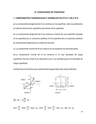 34
III. CONDICIONES DE FRONTERA
1. COMPONENTES TANGENCIALES Y NORMALES DE B Ó H Y DE E Ó D
a) La componente tangencial de E es continua en la superficie. esto es justamente
la máxima afuera de la superficie que dentro de la superficie.
b) La componente tangencial de H es continua a través de una superficie excepto
en la superficie de un conductor perfecto. En la superficie de un conductor perfecto
la componente tangencial por unidad de anchura.
c) La componente normal de B es continua en la superficie de discontinuidad.
d) La componente normal de D es continua si no hay densidad de carga
superficial. De otro modo D es discontinuo por una cantidad igual a la densidad de
carga superficial.
Condiciones de frontera para componente tangenciales del campo eléctrico:
yxzByEy
x
Ex
x
ExyEy
x
Ex
x
Ex
ds
t
B
dsE












 
1
2
1
2
22
2
2
2
1
 