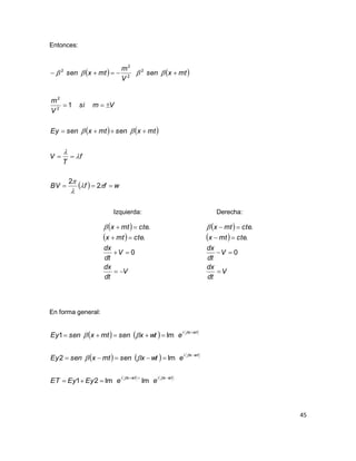 45
Entonces:
   mtxsen
V
m
mtxsen   2
2
2
2
   
  wffBV
f
T
V
mtxsenmtxsenEy
Vmsi
V
m










2
2
12
2
Izquierda: Derecha:
 
 
V
dt
dx
V
dt
dx
ctemtx
ctemtx




0
.
.  
 
V
dt
dx
V
dt
dx
ctemtx
ctemtx




0
.
.
En forma general:
   
   
wtxiwtxi
wtxi
wtxi
eeEyEyET
ewtxsenmtxsenEy
ewtxsenmtxsenEy











ImIm21
Im2
Im1
 