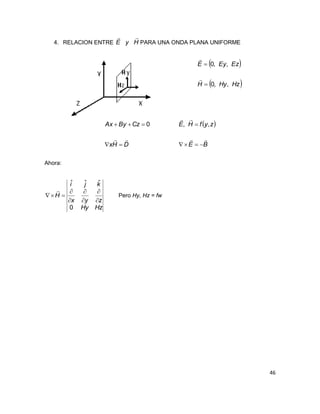 46
4. RELACION ENTRE HyE

PARA UNA ONDA PLANA UNIFORME
 
 HzHyH
EzEyE
,,0
,,0




DHx
CzByAx


 0  
BE
zyfHE



 ,,
Ahora:
HzHy
zyx
kji
H
0
ˆˆˆ








Pero Hy, Hz = fw
 