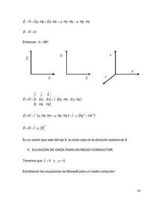 49
0

HE
HzHyHyHzHzEzHyEyHE



Entonces: º90
 
   22ˆˆ
ˆ
0
0
ˆˆˆ
HzHyiHyHyHzHziHE
HyEzHzEyi
HzHy
EzEy
kji
HE





2
ˆ HiHE

 
Es un vector que sale del eje X, la onda viaja en la dirección positiva de X
5. ECUACIÓN DE ONDA PARA UN MEDIO CONDUCTOR.
Tenemos que 00  yJ

Escribiendo las ecuaciones de Maxwell para un medio conductor:
 