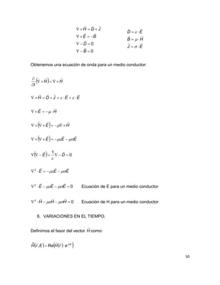50
0
0




B
D
BE
JDH




EJ
HB
ED









Obtenemos una ecuación de onda para un medio conductor:
 
 
 
 
EEE
DE
EEE
HE
HE
EEJDH
HH
t






















2
0
1
02
 EEE

 Ecuación de E para un medio conductor
02
 HHH

 Ecuación de H para un medio conductor
6. VARIACIONES EN EL TIEMPO.
Definimos el fasor del vector H

como:
    tj
erHErH 


Re,
~
 