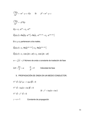 53
Ey
x
Ey



 2
2
2
Si   22
       
 xtixtiti
xixi
ececeEytxyE
ececEy
Ey
x
Ey









21
21
2
2
2
ReRe,
~
Si c1 y c2 pertenecen a los reales.
   
   
 
     txctxctxyE
ecectxyE xtixti



 
coscos,
~
ReRe,
~
21
21
  Número de onda o constante de traslación de fase


 
T
f
2
2 V


Velocidad de fase
9. PROPAGACIÓN DE ONDA EN UN MEDIO CONDUCTOR.
 
 
1
0
0
0
22
2
22








EE
EiiE
EiE



  iiSi 2
Constante de propagación
 