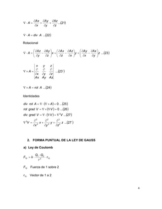 4
 
 22...
21...
AdivA
z
Az
y
Ay
x
Ax
A










Rotacional
 
 
 24...
´23...
23...
ArotA
AzAyAx
zyx
zyx
A
z
y
Ax
x
Ay
y
x
Az
z
Ax
x
z
Ay
y
Az
A










































Identidades
   
   
   
 ´27...
27...
26...0
25...0
2
2
2
2
2
2
2
2
z
z
y
y
x
x
V
VVVgraddiv
VVgradrot
AArotdiv












2. FORMA PUNTUAL DE LA LEY DE GAUSS
a) Ley de Coulomb
122
21
12 r
r
QQ
kF 


12F Fuerza de 1 sobre 2
12r Vector de 1 a 2
 