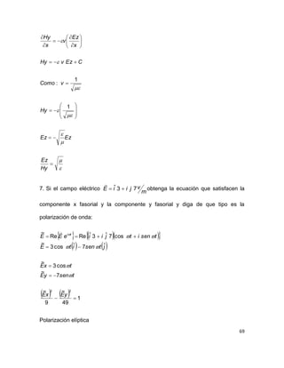 69

































Hy
Ez
EzEz
Hy
vComo
CEzvHy
x
Ez
v
x
Hy
1
1
:
7. Si el campo eléctrico
m
vjiiE 73ˆ 

obtenga la ecuación que satisfacen la
componente x fasorial y la componente y fasorial y diga de que tipo es la
polarización de onda:
     
   
    1
49
~
9
~
7
~
cos3
~
ˆ7ˆcos3
~
cos7ˆ3ˆReRe
~
22





yExE
tsenyE
txE
jtsenitE
tsenitjiieEE ti





Polarización elíptica
 