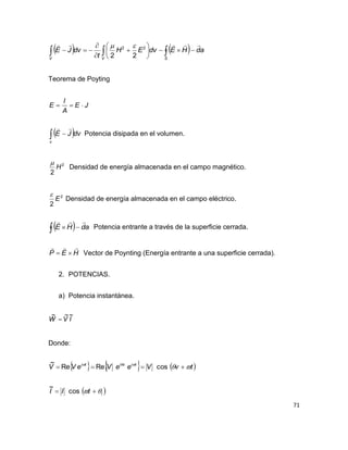 71
      









V V S
adHEdvEH
t
dvJE
 22
22

Teorema de Poyting
JE
A
I
E 
  
v
dvJE

Potencia disipada en el volumen.
2
2
H

Densidad de energía almacenada en el campo magnético.
2
2
E

Densidad de energía almacenada en el campo eléctrico.
   adHE

Potencia entrante a través de la superficie cerrada.
HEP

 Vector de Poynting (Energía entrante a una superficie cerrada).
2. POTENCIAS.
a) Potencia instantánea.
IVW
~~~

Donde:
     
 I
tiviti
tII
tvVeeVeVV




cos
~
cosReRe
~
 