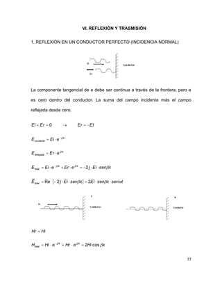 77
VI. REFLEXIÓN Y TRASMISIÓN
1. REFLEXIÓN EN UN CONDUCTOR PERFECTO (INCIDENCIA NORMAL)
La componente tangencial de e debe ser continua a través de la frontera, pero e
es cero dentro del conductor. La suma del campo incidente más el campo
reflejada desde cero.
  tsenxsenEixsenEijE
xsenEijeEreEiE
eErE
eEiE
EtErErEi
total
xjxj
total
xj
reflejada
xj
incidente











22Re
~
2
0
xHieHreHiH
HiHr
xjxj
total 
cos2


 