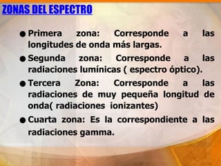 ZONAS DEL ESPECTRO

   • Primera de onda más largas. a las
     longitudes
                zona:    Corresponde


   • Segunda zona: Correspondeóptico).las
     radiaciones lumínicas ( espectro
                                       a


   • Tercera Zona:muyCorresponde a las
     radiaciones de       pequeña longitud de
     onda( radiaciones ionizantes)
   • Cuarta zona: Es la correspondiente a las
     radiaciones gamma.
 