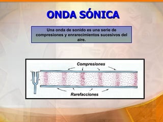 ONDA SÓNICA
    Una onda de sonido es una serie de
compresiones y enrarecimientos sucesivos del
                   aire.




                   Compresiones




                Rarefacciones
 