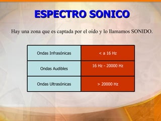 ESPECTRO SONICO
Hay una zona que es captada por el oído y lo llamamos SONIDO.



           Ondas Infrasónicas        < a 16 Hz


                                  16 Hz - 20000 Hz
            Ondas Audibles


           Ondas Ultrasónicas        > 20000 Hz
 