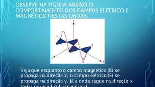 OBSERVE NA FIGURA ABAIXO O
COMPORTAMENTO DOS CAMPOS ELÉTRICO E
MAGNÉTICO NESTAS ONDAS:
Veja que enquanto o campo magnético (B) se
propaga na direção z, o campo elétrico (E) se
propaga na direção y. Já a onda segue na direção x
 