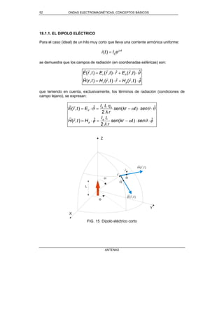 ONDAS ELECTROMAGNÉTICAS. CONCEPTOS BÁSICOS
ANTENAS
52
18.1.1. EL DIPOLO ELÉCTRICO
Para el caso (ideal) de un hilo muy corto que lleva una corriente armónica uniforme:
tj
oeIti ω
=)(
se demuestra que los campos de radiación (en coordenadas esféricas) son:
φ
θ
φ
θ
ˆ),(ˆ),(),(
ˆ),(ˆ),(),(
⋅+⋅=
⋅+⋅=
trHrtrHtrH
trErtrEtrE
r
r
rrr
rrrr
que teniendo en cuenta, exclusivamente, los términos de radiación (condiciones de
campo lejano), se expresan:
φθωφ
θθω
η
θ
φ
θ
ˆ)(
2
ˆ),(
ˆ)(
2
ˆ),(
⋅⋅−=⋅=
⋅⋅−=⋅=
sentkrsen
rλ
LI
HtrH
sentkrsen
rλ
LI
EtrE
o
oo
rr
rr
Φ
r
r
$r
$Θ
$Φ
X
Y
Z
Θ
L
),( trE
rr
),( trH
rr
FIG. 15 Dipolo eléctrico corto
 