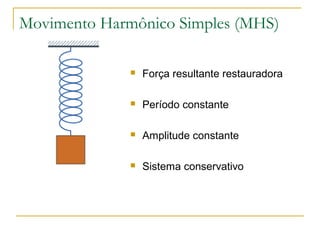 Movimento Harmônico Simples (MHS)
 Força resultante restauradora
 Período constante
 Amplitude constante
 Sistema conservativo
 