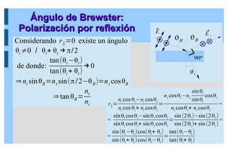 Considerando r∥=0 existe un ángulo
θi≠0 / θi+ θt → π/2
de donde:
tan(θi−θt)
tan(θi+ θt)
→ 0
⇒ni sinθB=nt sin(π/2−θB)=nt cosθB
⇒tan θB=
nt
ni
Ángulo de Brewster:
Ángulo de Brewster:
Polarización por reflexión
Polarización por reflexión
B
t
90º
B
⃗
E ⃗
E⊥
r∥=
nt cos θi−ni cosθt
nt cos θi+ ni cosθt
=
nt cosθi−nt
sinθt
sinθi
cosθt
nt cosθi+ ni cosθt
=
=
sinθi cosθi−sinθt cosθt
sinθi cosθi+ sinθt cosθt
=
sin(2θi)−sin(2θt)
sin(2θi)+ sin(2θt)
=
=
sin(θi−θt)cos(θi+ θt)
sin(θi+ θt)cos(θi−θt)
=
tan(θi−θt)
tan(θi+ θt)
 
