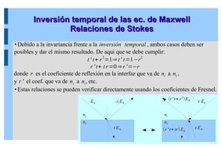 Inversión temporal de las ec. de Maxwell
Inversión temporal de las ec. de Maxwell
Relaciones de Stokes
Relaciones de Stokes
E0 r E0
t E0
(t ' t+ r
2
) E0 r E0
t E0
(r ' t+ tr) E0
ni
nt
ni
nt
 Debido a la invariancia frente a la inversión temporal , ambos casos deben ser
posibles y dar el mismo resultado. De aqui que se debe cumplir:
t ' t+ r2
=1⇒t ' t=1−r2
r ' t+ t r=0⇒r '=−r
donde r es el coeficiente de reflexión en la interfaz que va de ni a nt ,
y r ' el coef. que va de nt a ni ,etc.
 Estas relaciones se pueden verificar directamente usando los coeficientes de Fresnel.
 
