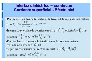 Interfaz dieléctrico – conductor
Interfaz dieléctrico – conductor
Corriente superficial - Efecto piel
Corriente superficial - Efecto piel
Por ley de Ohm dentro del material la densidad de corriente volumétrica
⃗
J=σ ⃗
Et=̂
x σ
2 E0
√σ/ωϵ
e−γ z
e j(ωt+ π/4)
.
Integrando se obtiene la coorriente total: I =∫0
l
∫0
∞
σ Et dz dy≡∫0
l
j dy
de donde
σ Et l
γ = j l ,⇒⃗
j=
2 E0
η0
e jωt
̂
x
Por otro lado, si tomamos la interfaz como la zona de corriente,
mas alla de la interfaz , ⃗
H 2=0
Según las condiciones de frontera en z=0 ̂
n×( ⃗
H 2− ⃗
H1)=⃗
j
de donde −̂
n× ⃗
H1=⃗
j=
2 E0
η0
e jωt
̂
x
 