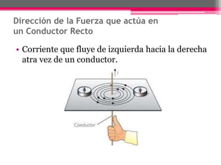 Dirección de la Fuerza que actúa en
un Conductor Recto
• Corriente que fluye de izquierda hacia la derecha
atra vez de un conductor.
 