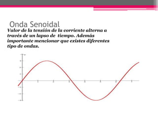Onda Senoidal
Valor de la tensión de la corriente alterna a
través de un lapso de tiempo. Además
importante mencionar que existes diferentes
tipo de ondas.
 