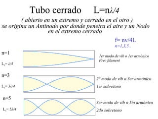 Tubo cerrado  L=n λ/4     ( abierto en un extremo y cerrado en el otro ) se origina un Antinodo por donde penetra el aire y un Nodo en el extremo cerrado  1er modo de vib o 1er armónico Frec fdament f= nv/4L  n=1,3,5.. n=1 L 1 =  λ/4   2° modo de vib o 3er armónico 1er sobretono n=3 L 1 = 3 λ/4   n=5 L 1 = 5 λ/4   3er modo de vib o 5to armónico 2do sobretono 