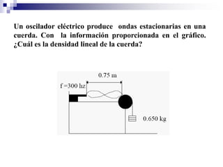 Un oscilador eléctrico produce ondas estacionarias en una
cuerda. Con la información proporcionada en el gráfico.
¿Cuál es la densidad lineal de la cuerda?
 