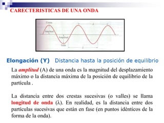 CARECTERISTICAS DE UNA ONDA
La amplitud (A) de una onda es la magnitud del desplazamiento
máximo o la distancia máxima de la posición de equilibrio de la
partícula .
La distancia entre dos crestas sucesivas (o valles) se llama
longitud de onda (λ). En realidad, es la distancia entre dos
partículas sucesivas que están en fase (en puntos idénticos de la
forma de la onda).
 