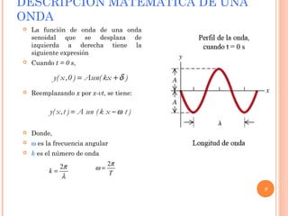 DESCRIPCIÓN MATEMÁTICA DE UNA
ONDA
 La función de onda de una onda
senoidal que se desplaza de
izquierda a derecha tiene la
siguiente expresión
 Cuando t = 0 s,
 Reemplazando x por x-vt, se tiene:
 Donde,
 ω es la frecuencia angular
 k es el número de onda
9
y( x,t ) A sen ( k x t )ω= −
2
k
π
λ
=
2
T
π
ω =
y( x,0 ) Asen( kx )δ= +
 