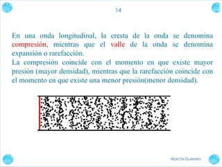 14

En una onda longitudinal, la cresta de la onda se denomina
compresión, mientras que el valle de la onda se denomina
expansión o rarefacción.
La compresión coincide con el momento en que existe mayor
presión (mayor densidad), mientras que la rarefacción coincide con
el momento en que existe una menor presión(menor densidad).

Marcos Guerrero

 