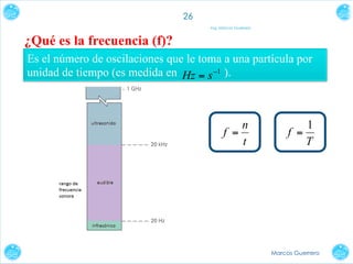 26
Ing. Marcos Guerrero

¿Qué es la frecuencia (f)?
Es el número de oscilaciones que le toma a una partícula por
unidad de tiempo (es medida en Hz = s −1 ).

n
f =
t

1
f =
T

Marcos Guerrero

 