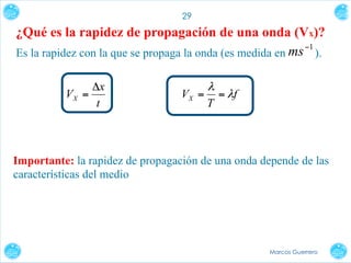 29

¿Qué es la rapidez de propagación de una onda (Vx)?
ms −1 ).
Es la rapidez con la que se propaga la onda (es medida en
Δx
VX =
t

VX =

λ
T

= λf

Importante: la rapidez de propagación de una onda depende de las
características del medio

Marcos Guerrero

 