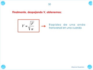 50

Finalmente, despejando V, obtenemos:

F
V=
u

Rapidez de una onda
transversal en una cuerda

Marcos Guerrero

 