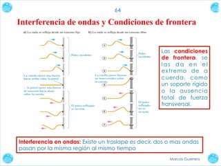 64

Interferencia de ondas y Condiciones de frontera
Las condiciones
de frontera, se
las da en el
extremo de a
cuerda, como
un soporte rígido
o la ausencia
total de fuerza
transversal.

Interferencia en ondas: Existe un traslape es decir, dos o mas ondas
pasan por la misma región al mismo tiempo
Marcos Guerrero

 