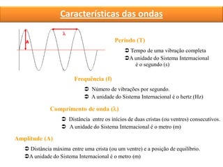 Características das ondas

A
Frequência (f)
 Número de vibrações por segundo.
 A unidade do Sistema Internacional é o hertz (Hz)
Comprimento de onda ()
 Distância entre os inícios de duas cristas (ou ventres) consecutivos.
 A unidade do Sistema Internacional é o metro (m)
Período (T)
 Tempo de uma vibração completa
A unidade do Sistema Internacional
é o segundo (s)
Amplitude (A)
 Distância máxima entre uma crista (ou um ventre) e a posição de equilíbrio.
A unidade do Sistema Internacional é o metro (m)
 