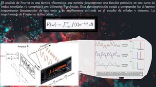El análisis de Fourier es una técnica matemática que permite descomponer una función periódica en una suma de
ondas senoidales (o complejas) con diferentes frecuencias. Esta descomposición ayuda a comprender las diferentes
componentes frecuenciales de una onda y es ampliamente utilizada en el estudio de señales y sistemas. La
transformada de Fourier se define como:
 