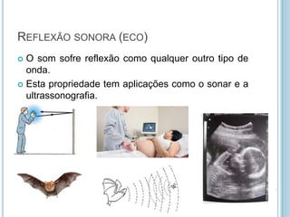 REFLEXÃO SONORA (ECO)
 O som sofre reflexão como qualquer outro tipo de
  onda.
 Esta propriedade tem aplicações como o sonar e a
  ultrassonografia.
 