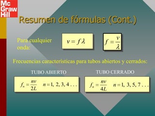 Resumen de fórmulas (Cont.)

 Para cualquier                                    v
                         v        f           f
 onda:

Frecuencias características para tubos abiertos y cerrados:
        TUBO ABIERTO                       TUBO CERRADO
        nv                                  nv
   fn        n 1, 2, 3, 4 . . .       fn          n 1, 3, 5, 7 . . .
        2L                                  4L
 