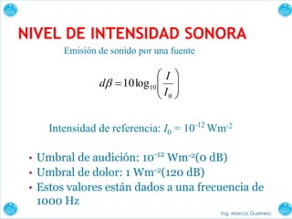 26
NIVEL DE INTENSIDAD SONORA







0
10log10
I
I
d
Emisión de sonido por una fuente
Intensidad de referencia: I0 = 10-12
Wm-2
• Umbral de audición: 10-12
Wm-2(0 dB)
• Umbral de dolor: 1 Wm-2(120 dB)
• Estos valores están dados a una frecuencia de
1000 Hz
Ing. Marcos Guerrero
 