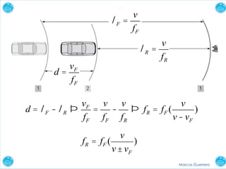 Marcos Guerrero
57
lF =
v
fF
lR =
v
fR
d =
vF
fF
d = lF -lR Þ
vF
fF
=
v
fF
-
v
fR
Þ fR = fF (
v
v-vF
)
fR = fF (
v
v±vF
)
 