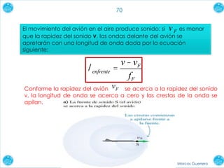 Marcos Guerrero
70
El movimiento del avión en el aire produce sonido: si es menor
que la rapidez del sonido v, las ondas delante del avión se
apretarán con una longitud de onda dada por la ecuación
siguiente:
vF
lenfrente =
v-vF
fF
Conforme la rapidez del avión se acerca a la rapidez del sonido
v, la longitud de onda se acerca a cero y las crestas de la onda se
apilan.
vF
 