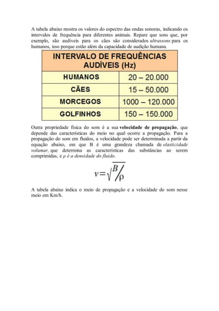 A tabela abaixo mostra os valores do espectro das ondas sonoras, indicando os
intervalos de frequência para diferentes animais. Repare que sons que, por
exemplo, são audíveis para os cães são considerados ultrassons para os
humanos, isso porque estão além da capacidade de audição humana.
Outra propriedade física do som é a sua velocidade de propagação, que
depende das características do meio no qual ocorre a propagação. Para a
propagação do som em fluidos, a velocidade pode ser determinada a partir da
equação abaixo, em que B é uma grandeza chamada de elasticidade
volumar, que determina as características das substâncias ao serem
comprimidas, e ρ é a densidade do fluido.
A tabela abaixo indica o meio de propagação e a velocidade do som nesse
meio em Km/h.
 