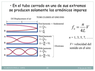 En el tubo cerrado en uno de sus extremos se producen solamente los armónicos impares V = velocidad del sonido en el aire n  = 1, 3, 5, 7, …… 19 de jun de 2010 FLORENCIO PINELA - ESPOL 
