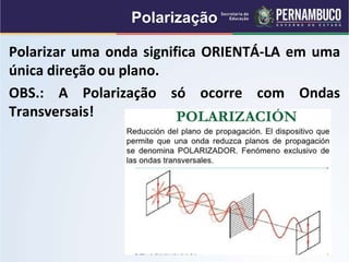 Polarização
Polarizar uma onda significa ORIENTÁ-LA em uma
única direção ou plano.
OBS.: A Polarização só ocorre com Ondas
Transversais!
 