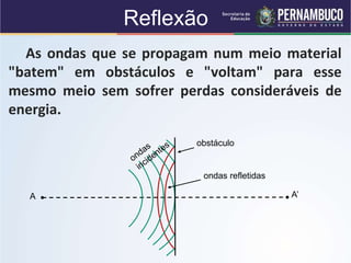 Reflexão
As ondas que se propagam num meio material
"batem" em obstáculos e "voltam" para esse
mesmo meio sem sofrer perdas consideráveis de
energia.
A’
A
obstáculo
ondas refletidas
 