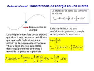 Ondas Armónicas: Transferencia de energía en una cuerda 
La energía de un punto que vibra con 
un MAS es 
1 
2 2 2 
E U K k A m A  total     
2 
1 
2 
En la cuerda donde una onda 
armónica se ha generado, la energía 
de una partícula de masa dm es 
1 
m 
2 2 2 2 
2 
m 
dx 
l 
1 
2 
 dxA  
l 
dm 
 
E dm A 
total   
Transferencia de 
Energía 
La energía se transfiere desde el punto 
que vibra a toda la cuerda, de tal forma 
que cuando la onda alcanza una 
porción de la cuerda esta comienza a 
vibrar y gana energía. La energía 
transferida por unidad de tiempo a 
través de un punto es la potencia 
1 
1 
m 
dx 
l 
sin 2 2 2 2 
2 
2 
 vA 
l 
A 
dt 
m 
dt 
E 
Potencia pas g    
 