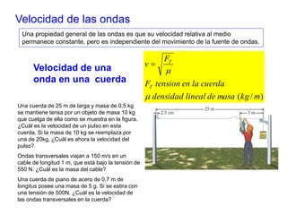 Velocidad de las ondas 
Una propiedad general de las ondas es que su velocidad relativa al medio 
permanece constante, pero es independiente del movimiento de la fuente de ondas. 
F 
F tension en la cuerda 
densidad lineal de masa (kg /m) 
v 
T 
T 
 
 
 
Velocidad de una 
onda en una cuerda 
Una cuerda de 25 m de larga y masa de 0,5 kg 
se mantiene tensa por un objeto de masa 10 kg 
que cuelga de ella como se muestra en la figura. 
¿Cuál es la velocidad de un pulso en esta 
cuerda. Si la masa de 10 kg se reemplaza por 
una de 20kg, ¿Cuál es ahora la velocidad del 
pulso? 
Ondas transversales viajan a 150 m/s en un 
cable de longitud 1 m, que está bajo la tensión de 
550 N. ¿Cuál es la masa del cable? 
Una cuerda de piano de acero de 0,7 m de 
longitus posee una masa de 5 g. Si se estira con 
una tensión de 500N. ¿Cuál es la velocidad de 
las ondas transversales en la cuerda? 
 