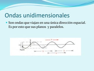 Ondas unidimensionales
 Son ondas que viajan en una única dirección espacial.
 Es por esto que sus planos y paralelos.
 