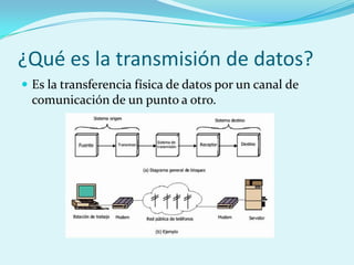 ¿Qué es la transmisión de datos?
 Es la transferencia física de datos por un canal de
  comunicación de un punto a otro.
 