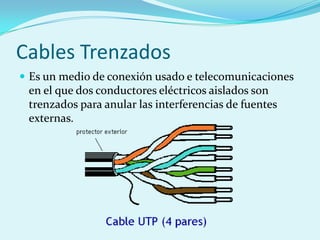 Cables Trenzados
 Es un medio de conexión usado e telecomunicaciones
 en el que dos conductores eléctricos aislados son
 trenzados para anular las interferencias de fuentes
 externas.
 